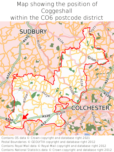 Map showing location of Coggeshall within CO6