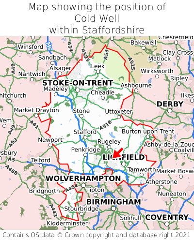 Map showing location of Cold Well within Staffordshire