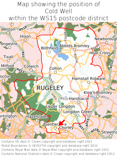 Map showing location of Cold Well within WS15