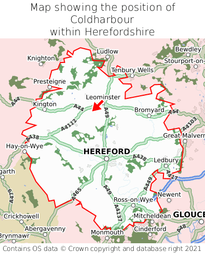 Map showing location of Coldharbour within Herefordshire