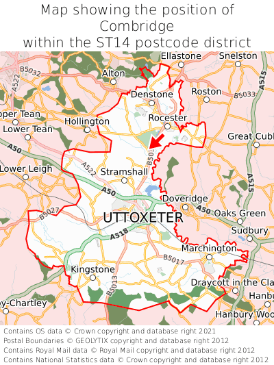 Map showing location of Combridge within ST14