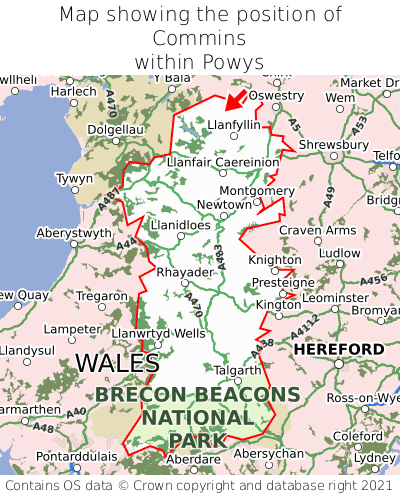 Map showing location of Commins within Powys