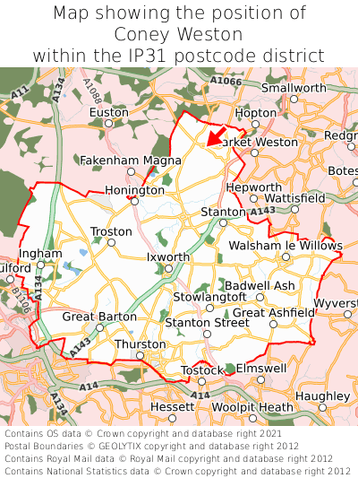 Map showing location of Coney Weston within IP31