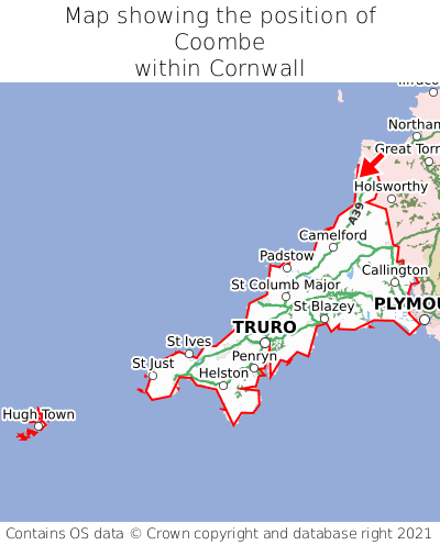 Map showing location of Coombe within Cornwall