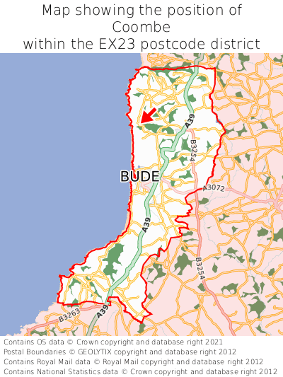 Map showing location of Coombe within EX23