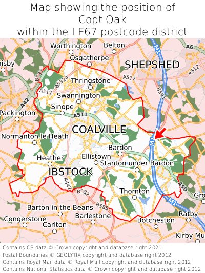 Map showing location of Copt Oak within LE67