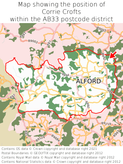 Map showing location of Corrie Crofts within AB33