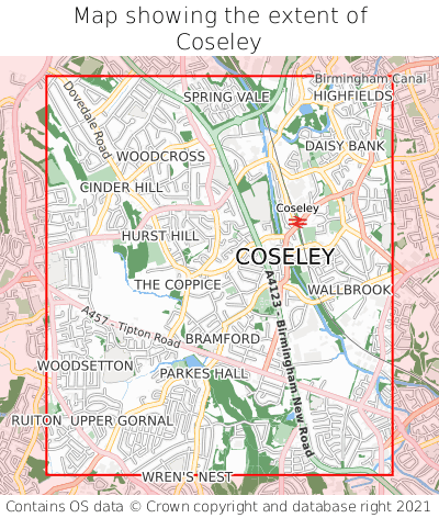 Map showing extent of Coseley as bounding box