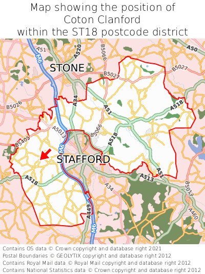 Map showing location of Coton Clanford within ST18