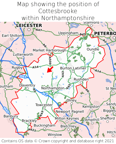 Map showing location of Cottesbrooke within Northamptonshire