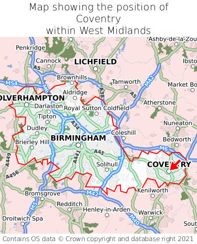 Map showing location of Coventry within West Midlands