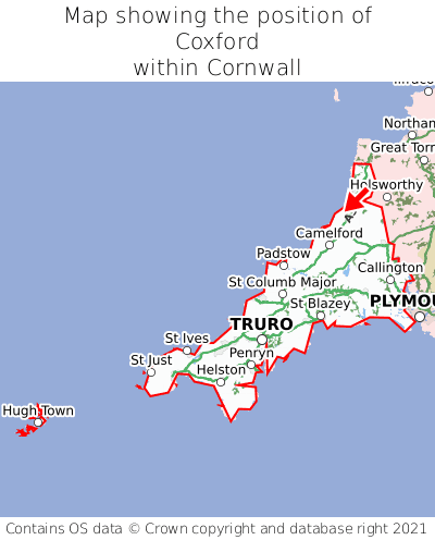 Map showing location of Coxford within Cornwall