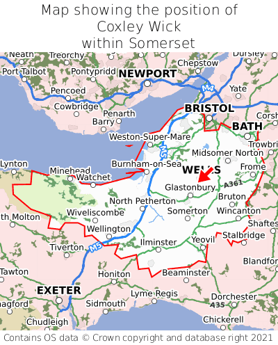 Map showing location of Coxley Wick within Somerset