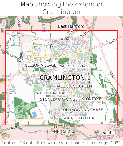 Map showing extent of Cramlington as bounding box