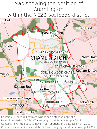 Map showing location of Cramlington within NE23