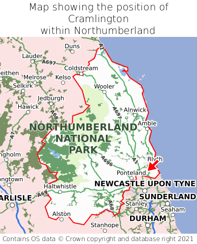 Map showing location of Cramlington within Northumberland