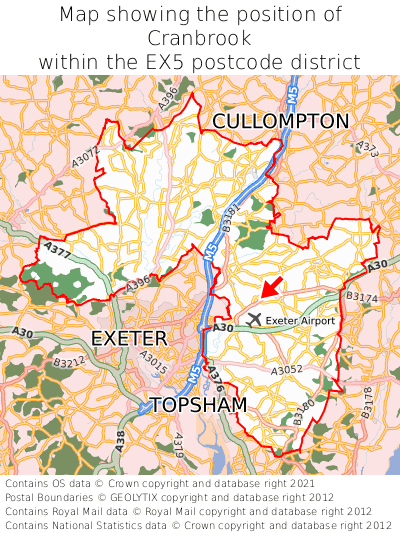 Map showing location of Cranbrook within EX5