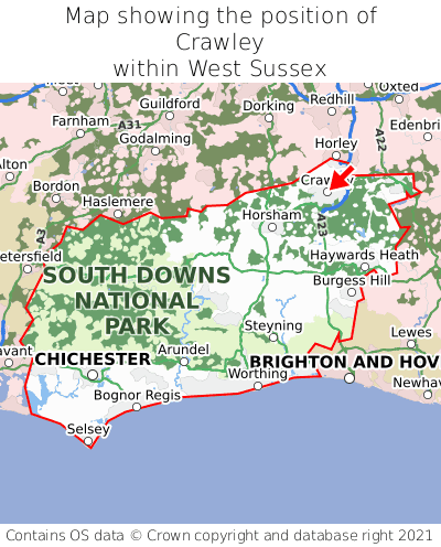 Map showing location of Crawley within West Sussex