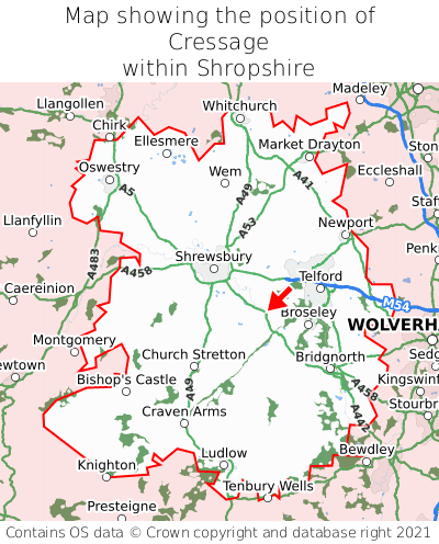 Map showing location of Cressage within Shropshire