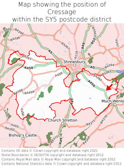 Map showing location of Cressage within SY5