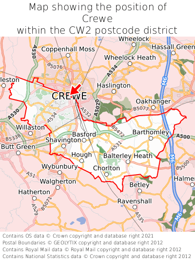 Map showing location of Crewe within CW2