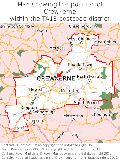 Map showing location of Crewkerne within TA18