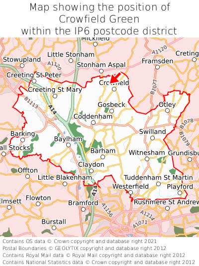 Map showing location of Crowfield Green within IP6