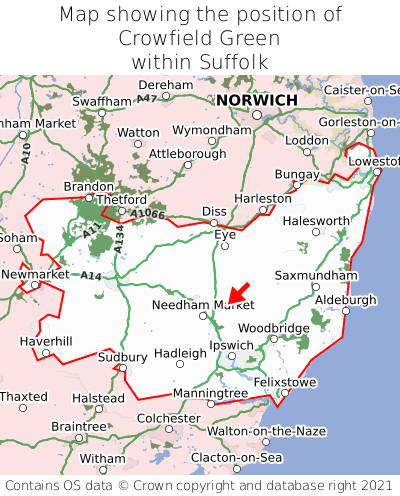 Map showing location of Crowfield Green within Suffolk