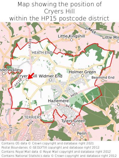 Map showing location of Cryers Hill within HP15