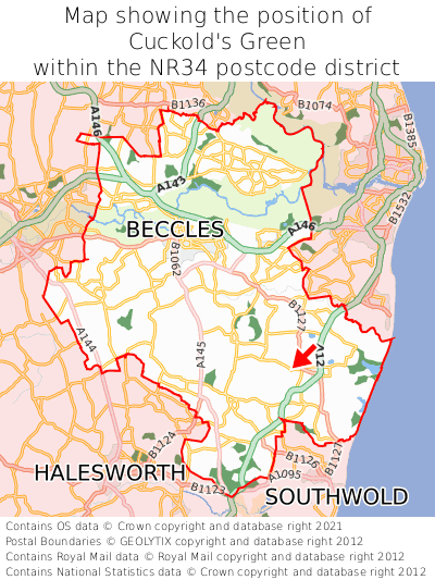 Map showing location of Cuckold's Green within NR34