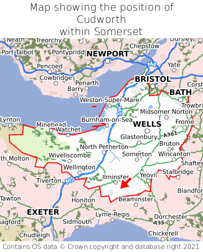 Map showing location of Cudworth within Somerset