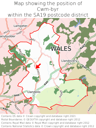 Map showing location of Cwm-byr within SA19