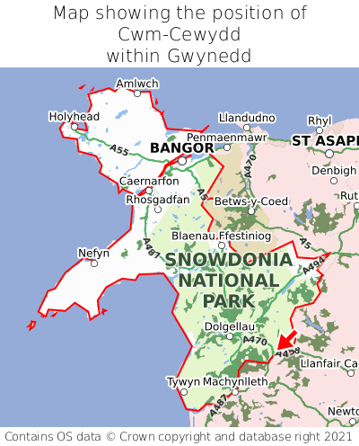 Map showing location of Cwm-Cewydd within Gwynedd