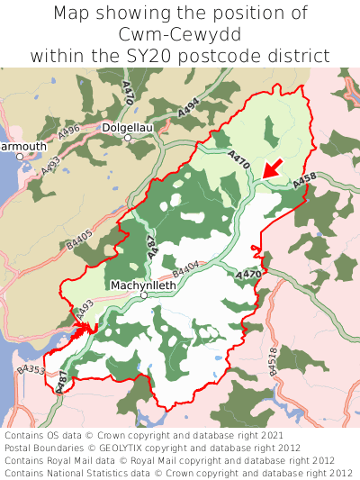 Map showing location of Cwm-Cewydd within SY20