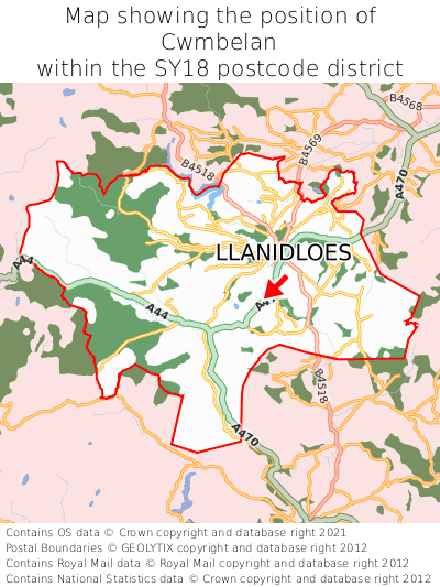 Map showing location of Cwmbelan within SY18