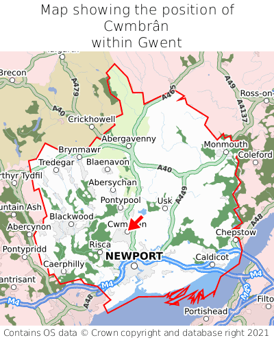 Map showing location of Cwmbrân within Gwent