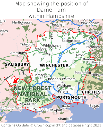 Map showing location of Damerham within Hampshire