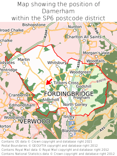 Map showing location of Damerham within SP6