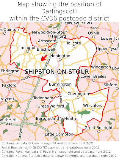 Map showing location of Darlingscott within CV36