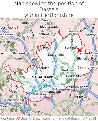 Map showing location of Dassels within Hertfordshire