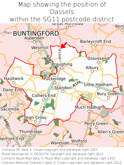 Map showing location of Dassels within SG11