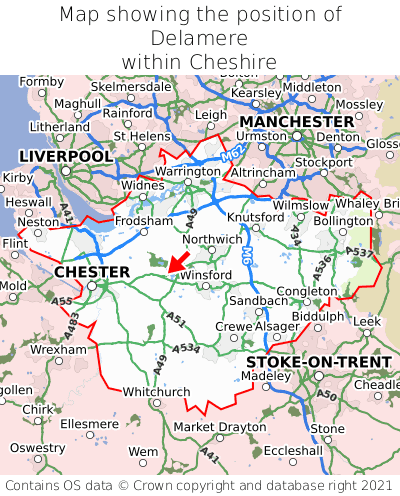 Map showing location of Delamere within Cheshire