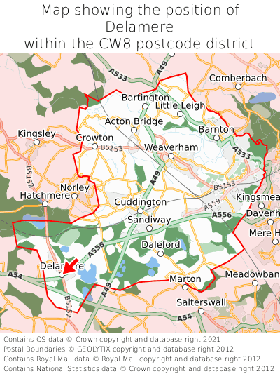 Map showing location of Delamere within CW8