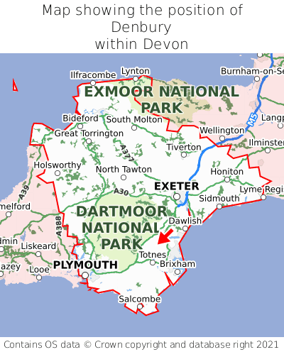 Map showing location of Denbury within Devon