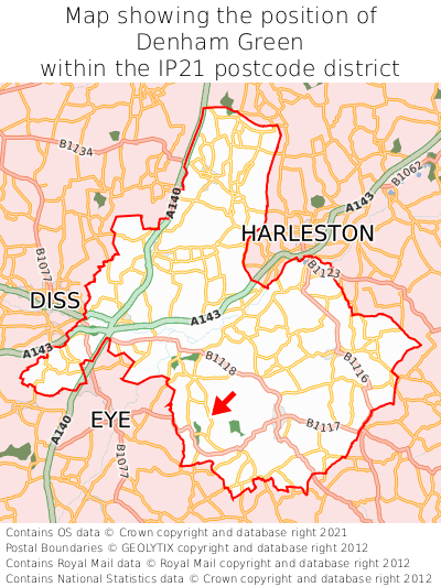 Map showing location of Denham Green within IP21