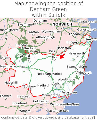 Map showing location of Denham Green within Suffolk