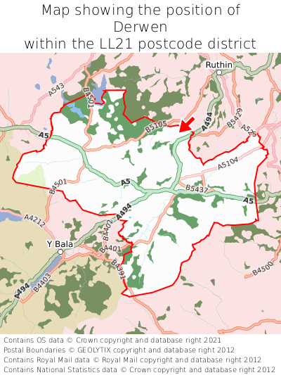 Map showing location of Derwen within LL21