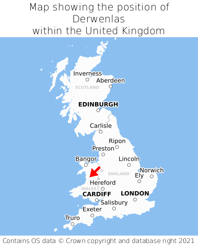 Map showing location of Derwenlas within the UK