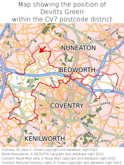 Map showing location of Devitts Green within CV7