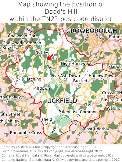 Map showing location of Dodd's Hill within TN22